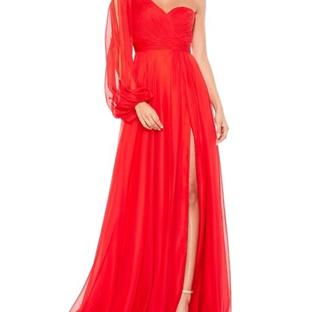 Mac Duggal Women's Chiffon One Shoulder Slit Sleeve Flowy Red Gown NWT Size 10
